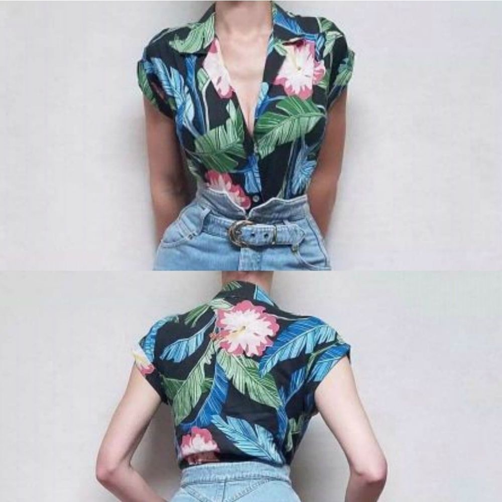 Rare Vintage 60s Get Into The Clik Tropical Print Cap Sleeve Hawaiian Shirt M